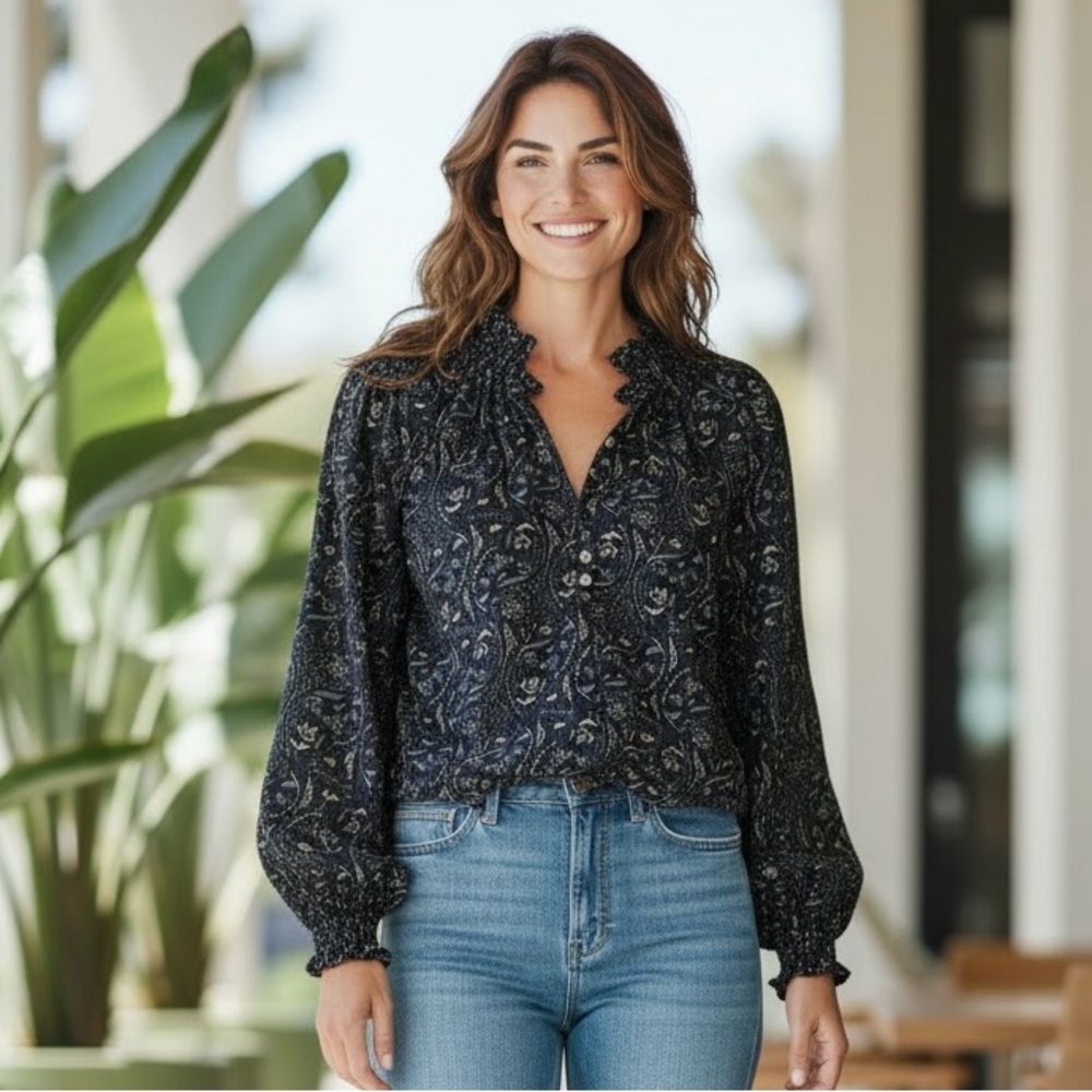 Veronica Beard Navy Paisley Ruffle-Trim Blouse, NWOT
